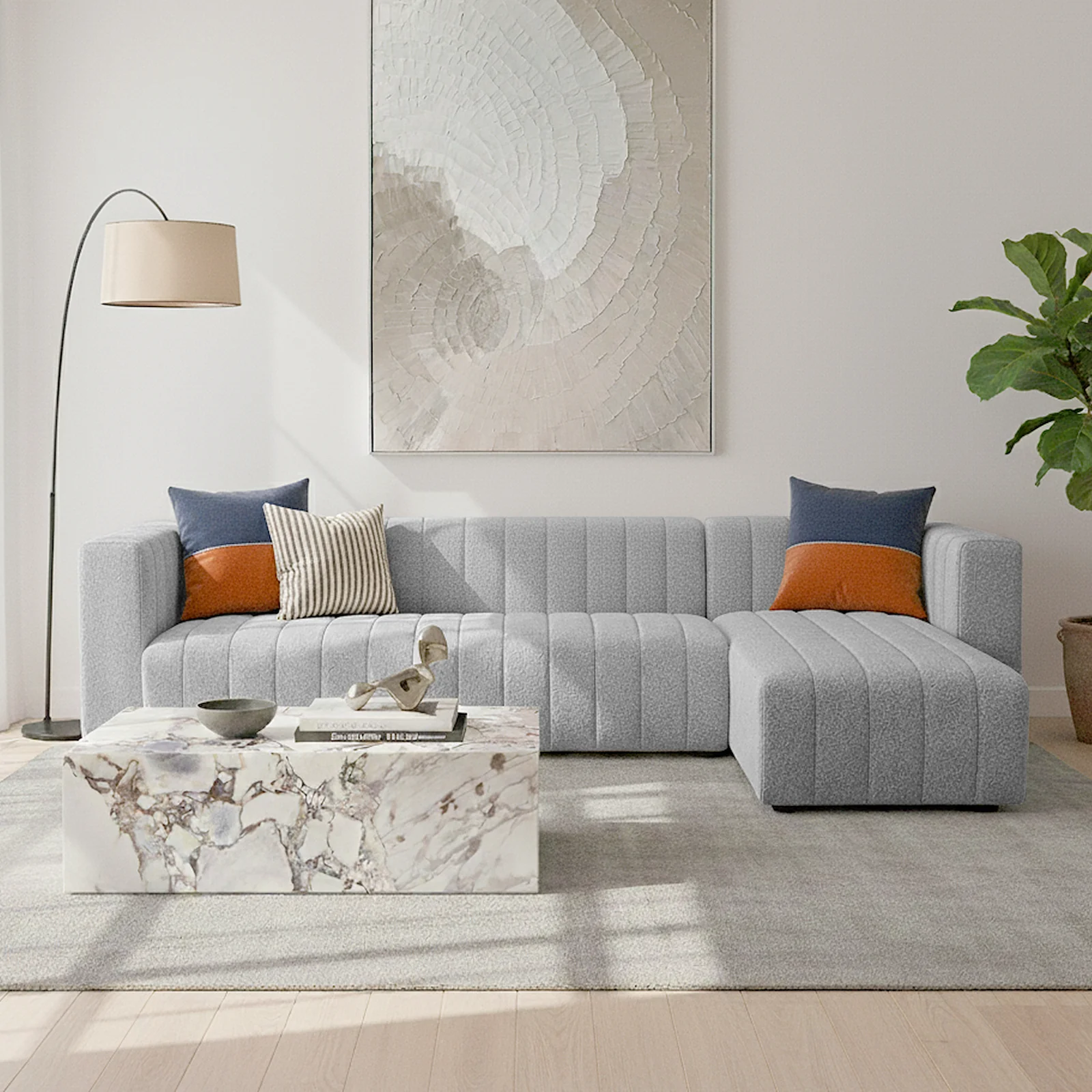 Parisa 4 Seater Tufted Boucle Sofa with Chaise in Light Grey - Image 8