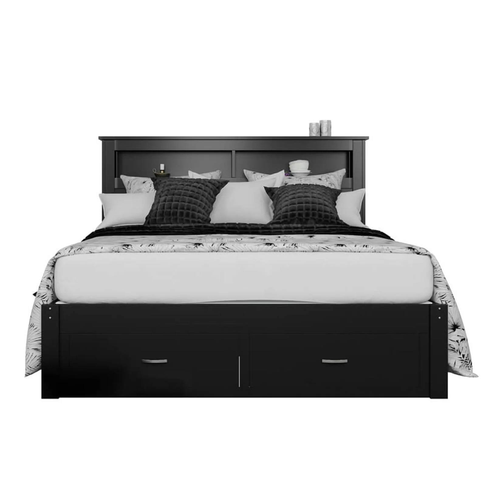 Porcia Queen Wooden Storage Bed Frame with Shelves in Black