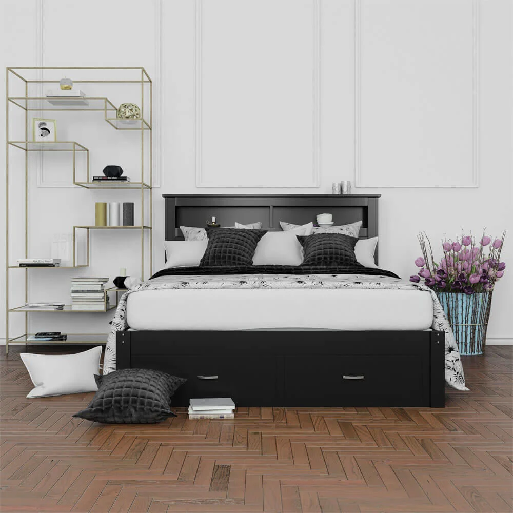 Porcia Queen Wooden Storage Bed Frame with Shelves in Black - Image 2