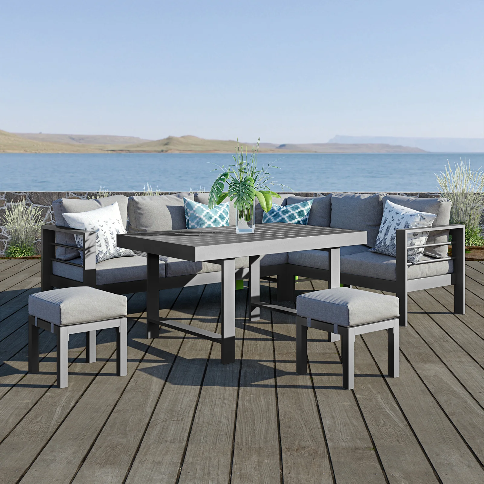 Portland Outdoor Corner Sofa Lounge with Foot Stools in Grey - Image 4
