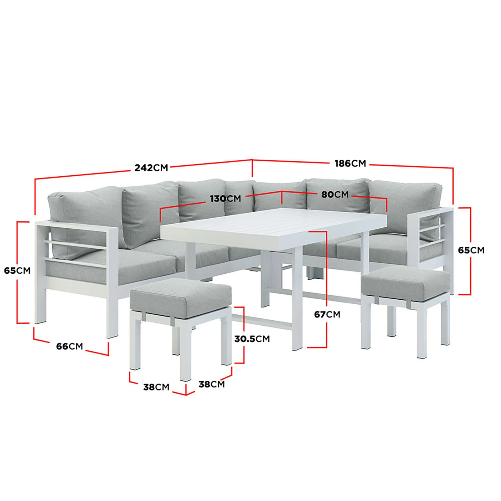 Portland Outdoor Corner Sofa Lounge with Foot Stools in White & Grey - Image 5