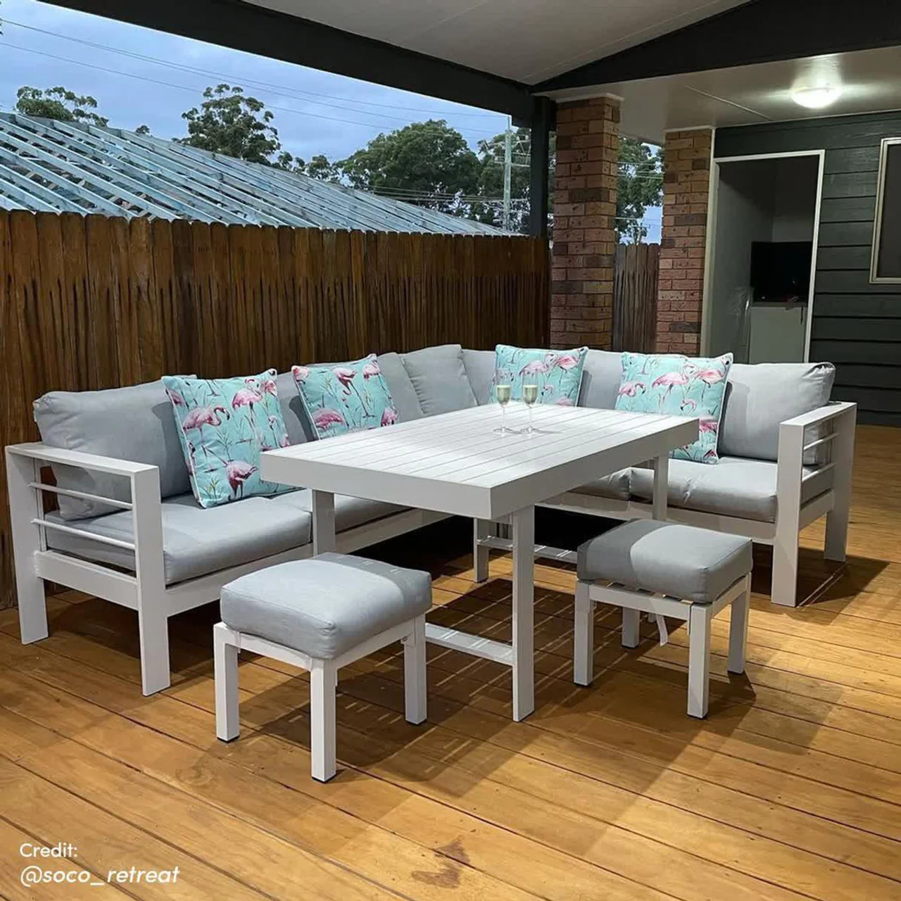 Portland Outdoor Corner Sofa Lounge with Foot Stools in White & Grey - Image 9