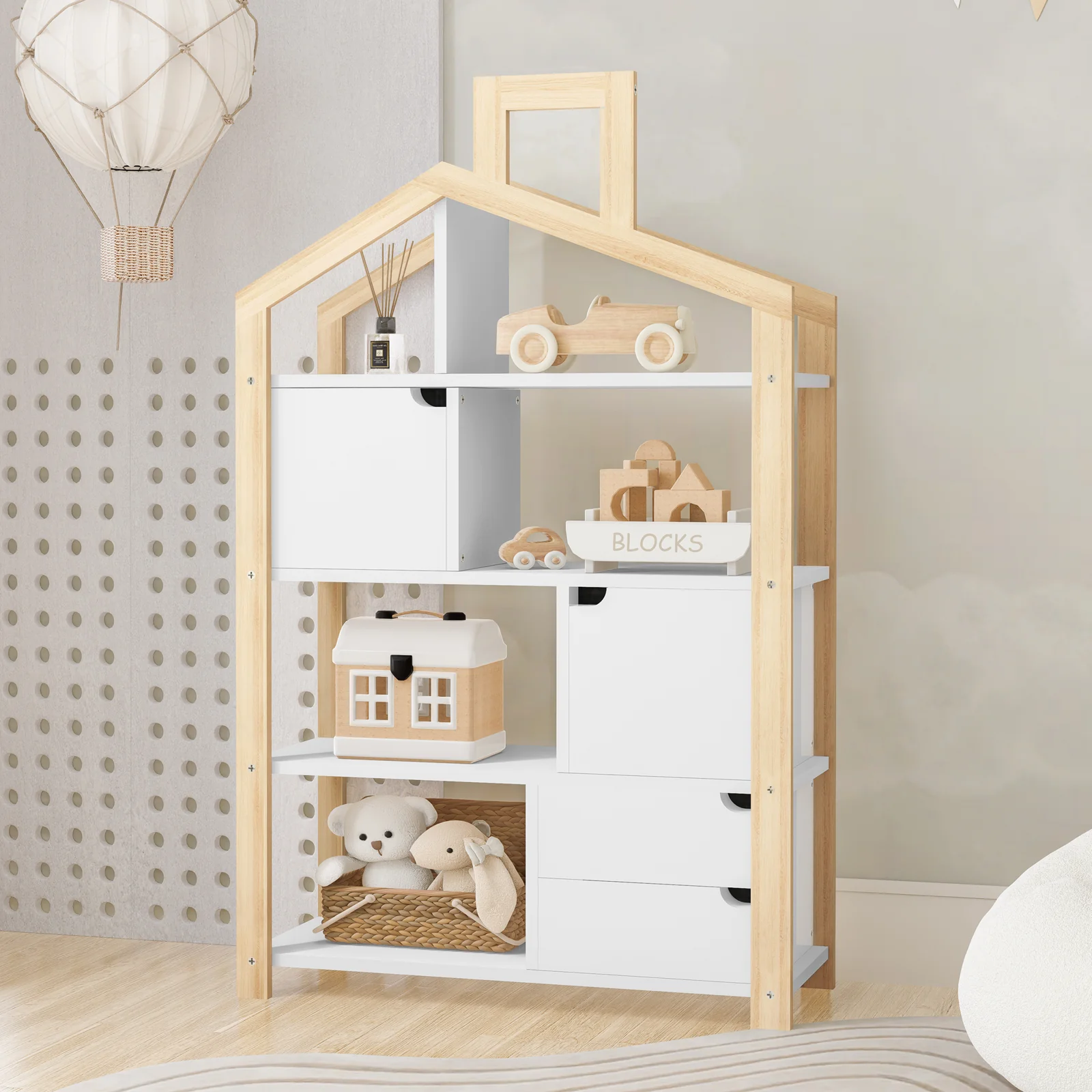 Quinta Kids 147cm House Bookcase Storage in White & Natural - Image 2