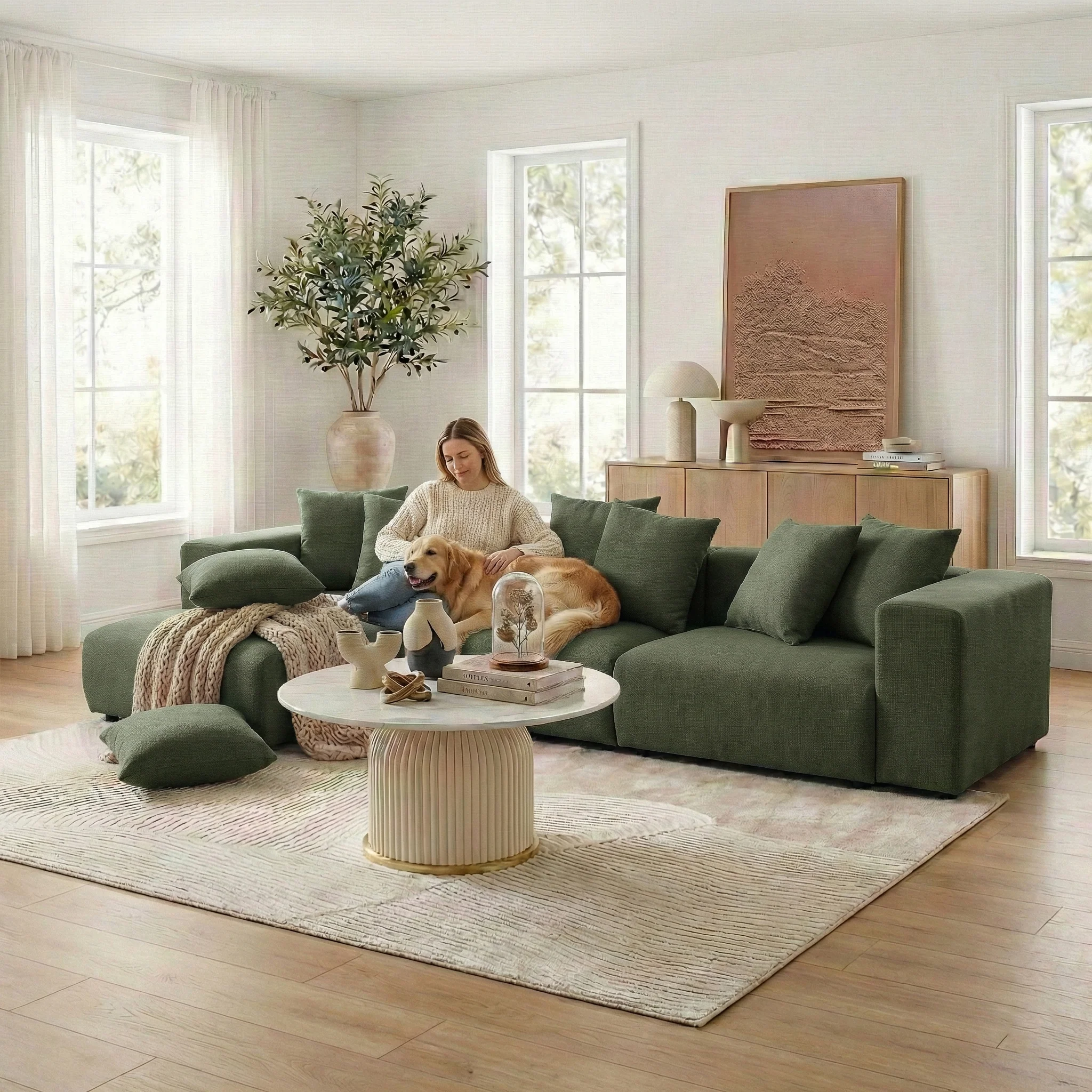 Ravo Slipcover 4 Seater Modular Sofa Set with Ottoman in Olive Green - Image 2