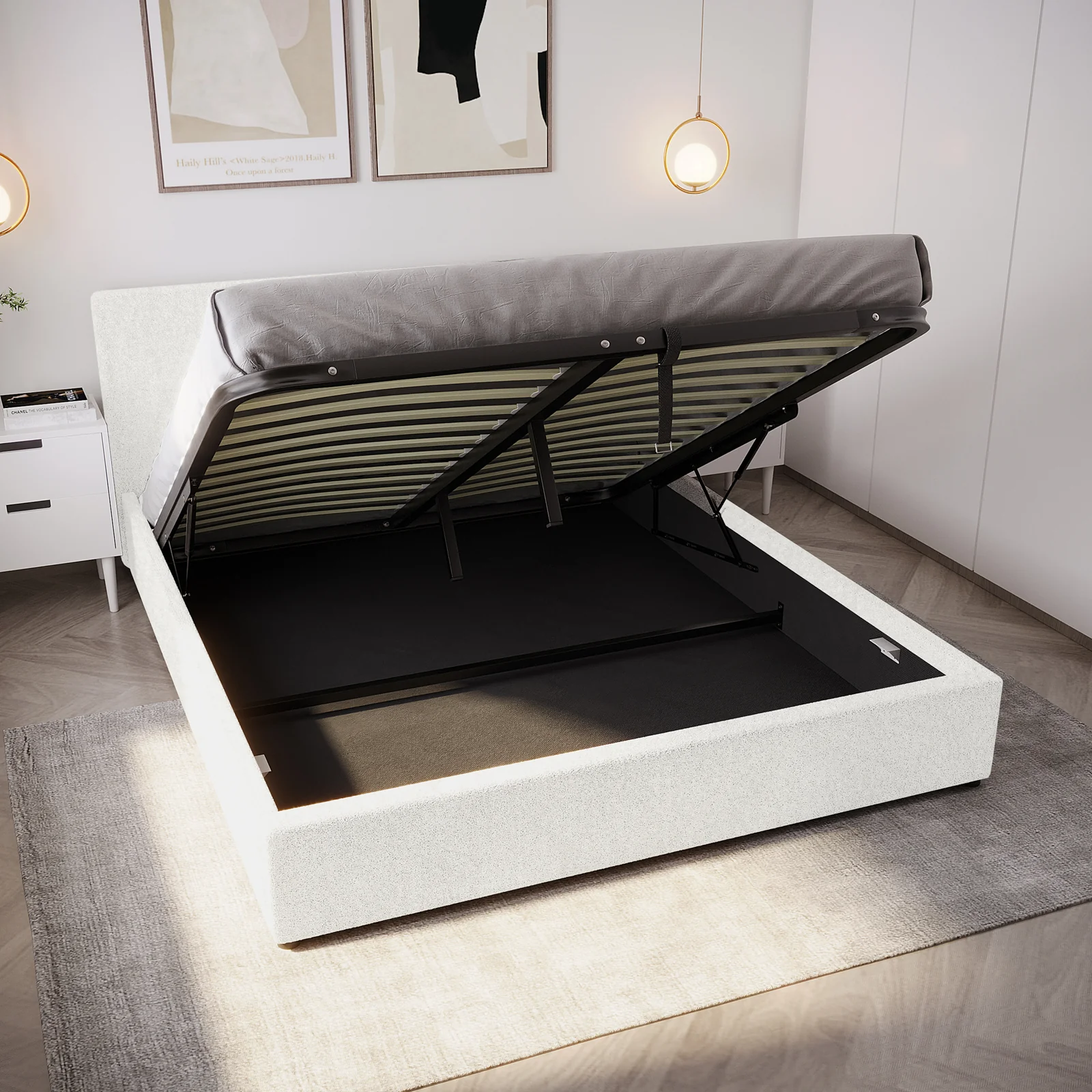 Renata Queen Boucle Gas Lift Bed Frame in Cream White - Image 4