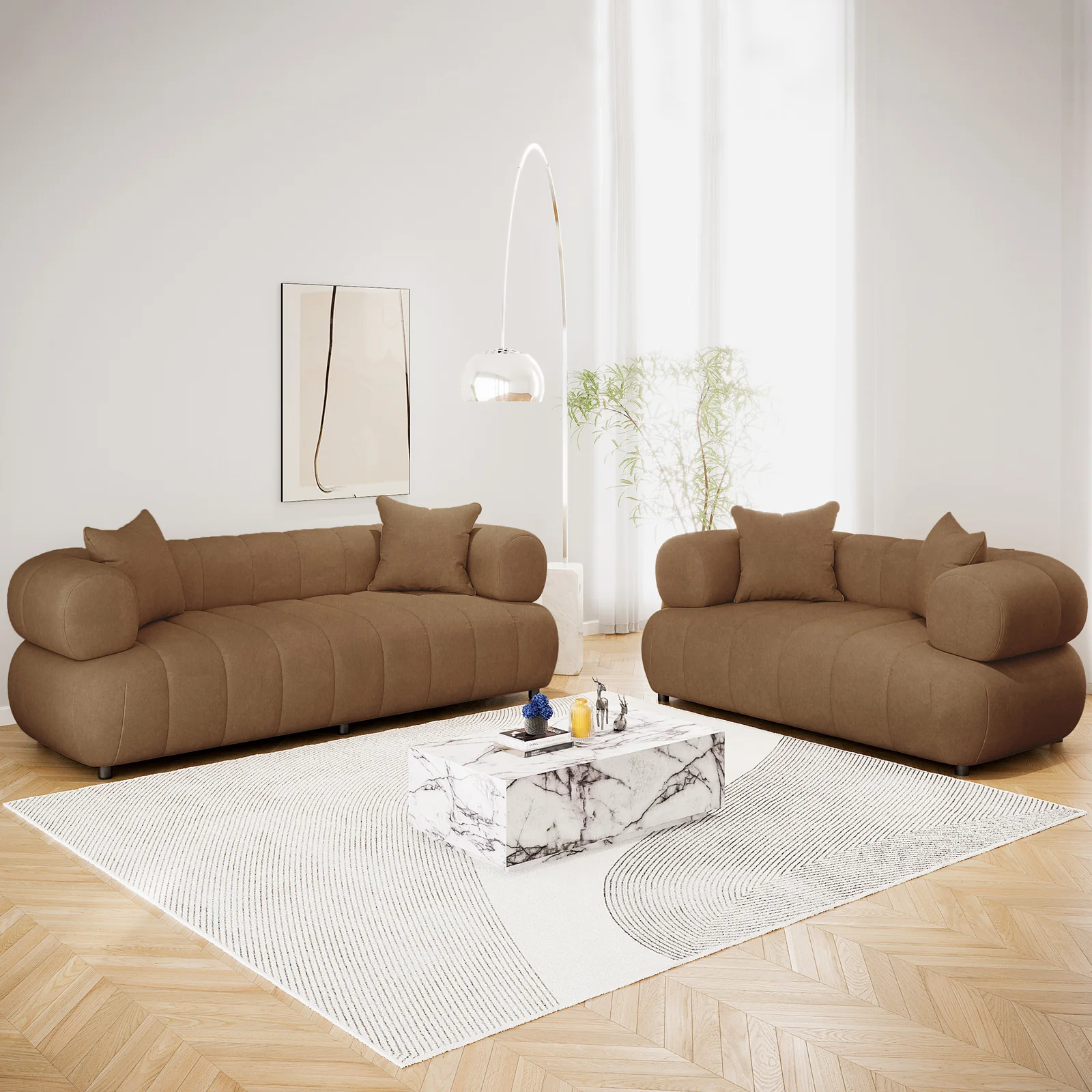 Samira 5 Seater Velvet Sofa Set in Camel Brown - Image 2