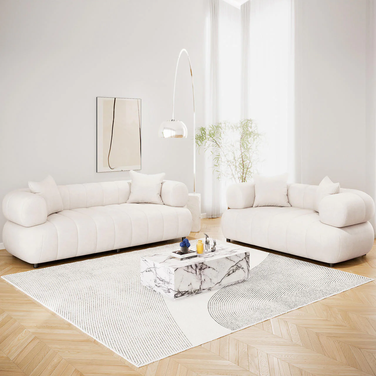 Samira 5 Seater Velvet Sofa Set in Cream - Image 2