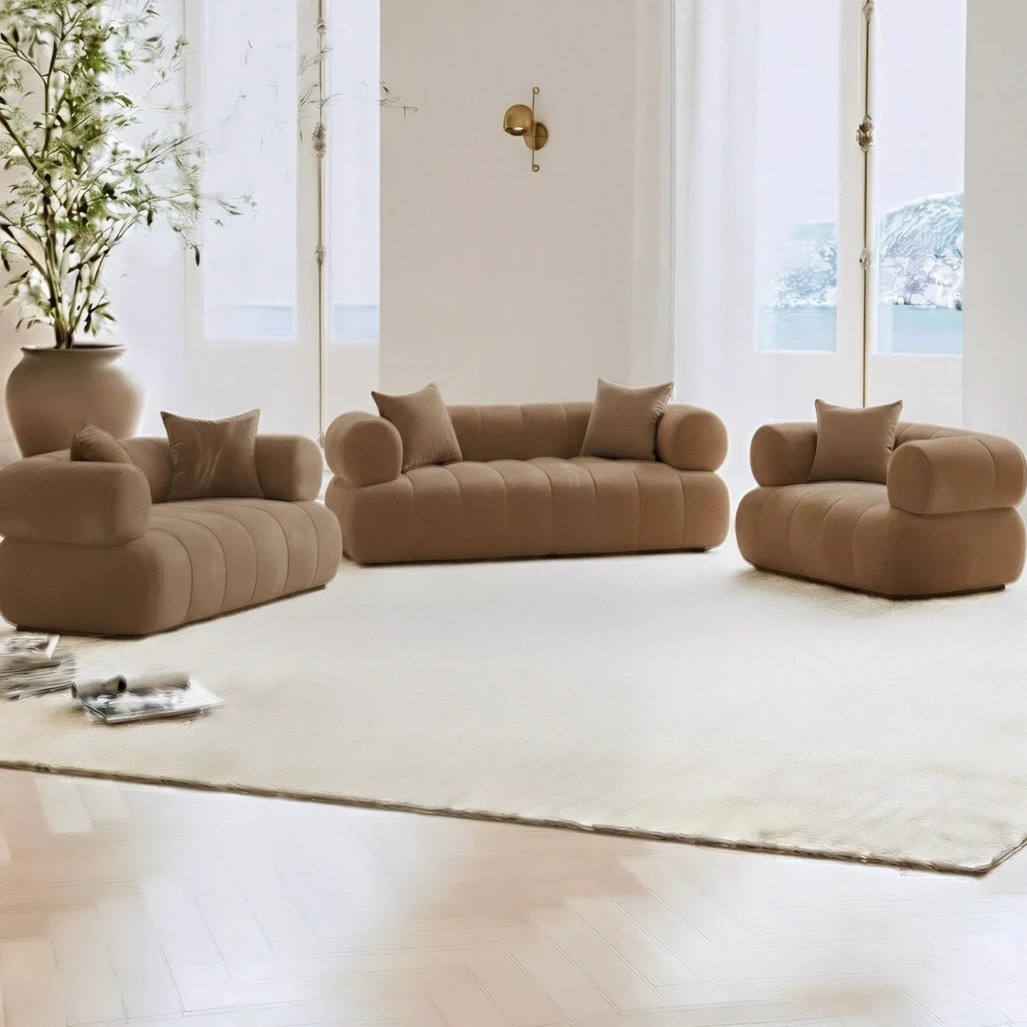 Samira 6 Seater Velvet Sofa Set in Camel Brown - Image 2
