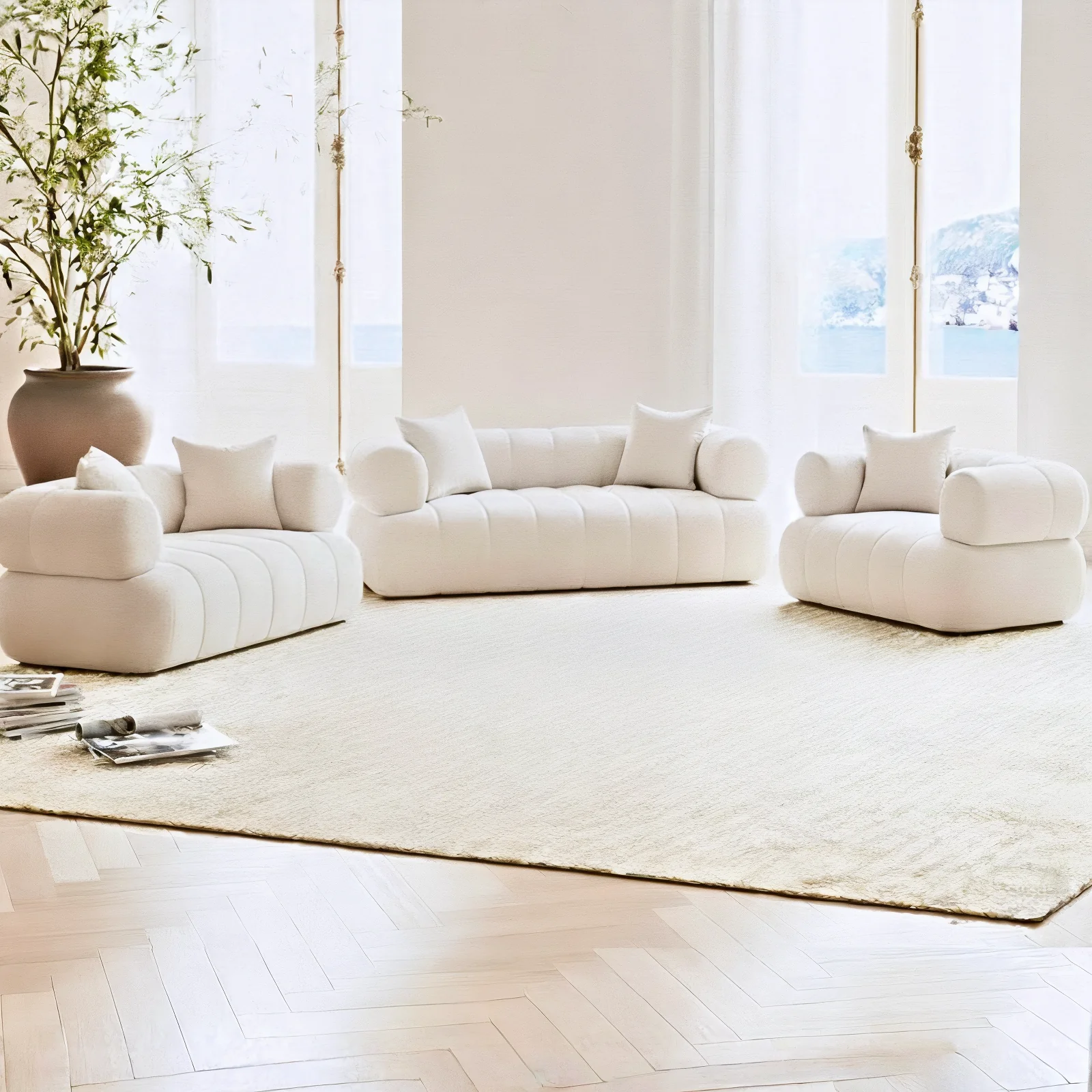 Samira 6 Seater Velvet Sofa Set in Cream - Image 2