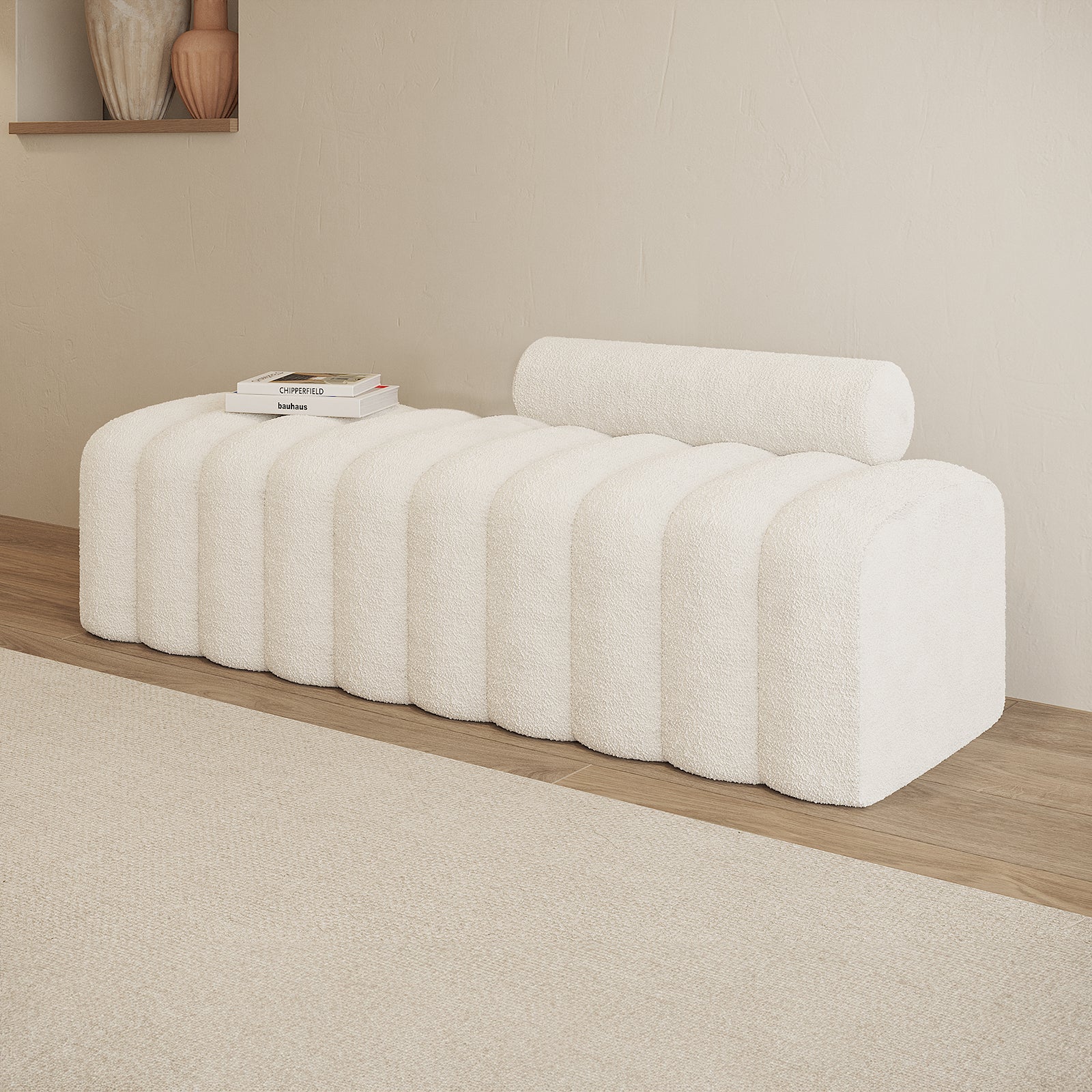 Sasa Boucle Bench with Backrest in Eggshell White - Image 2