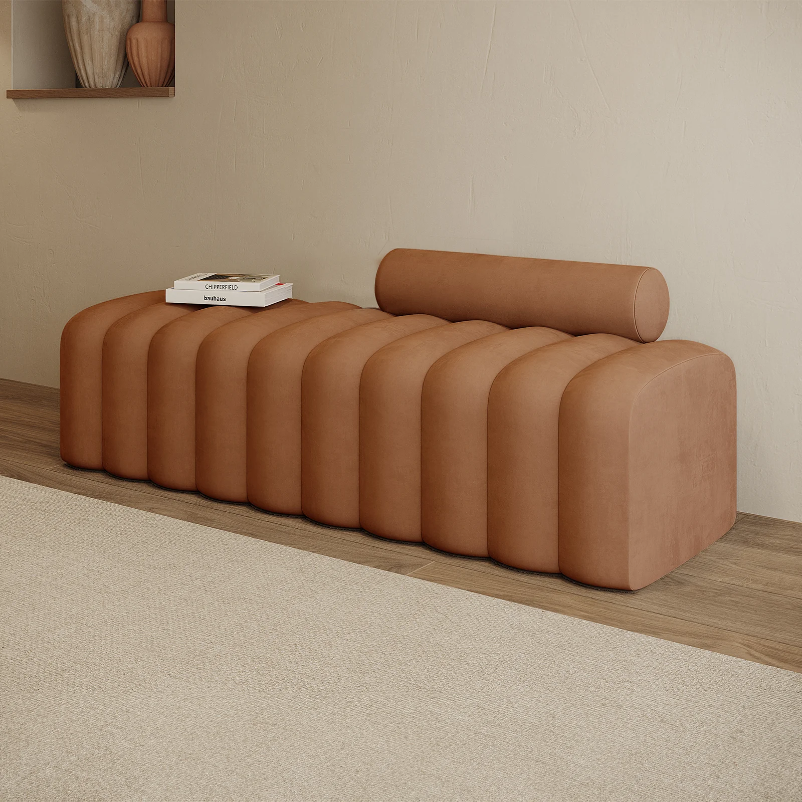 Sasa Velvet Bench with Backrest in Burnt Orange - Image 2