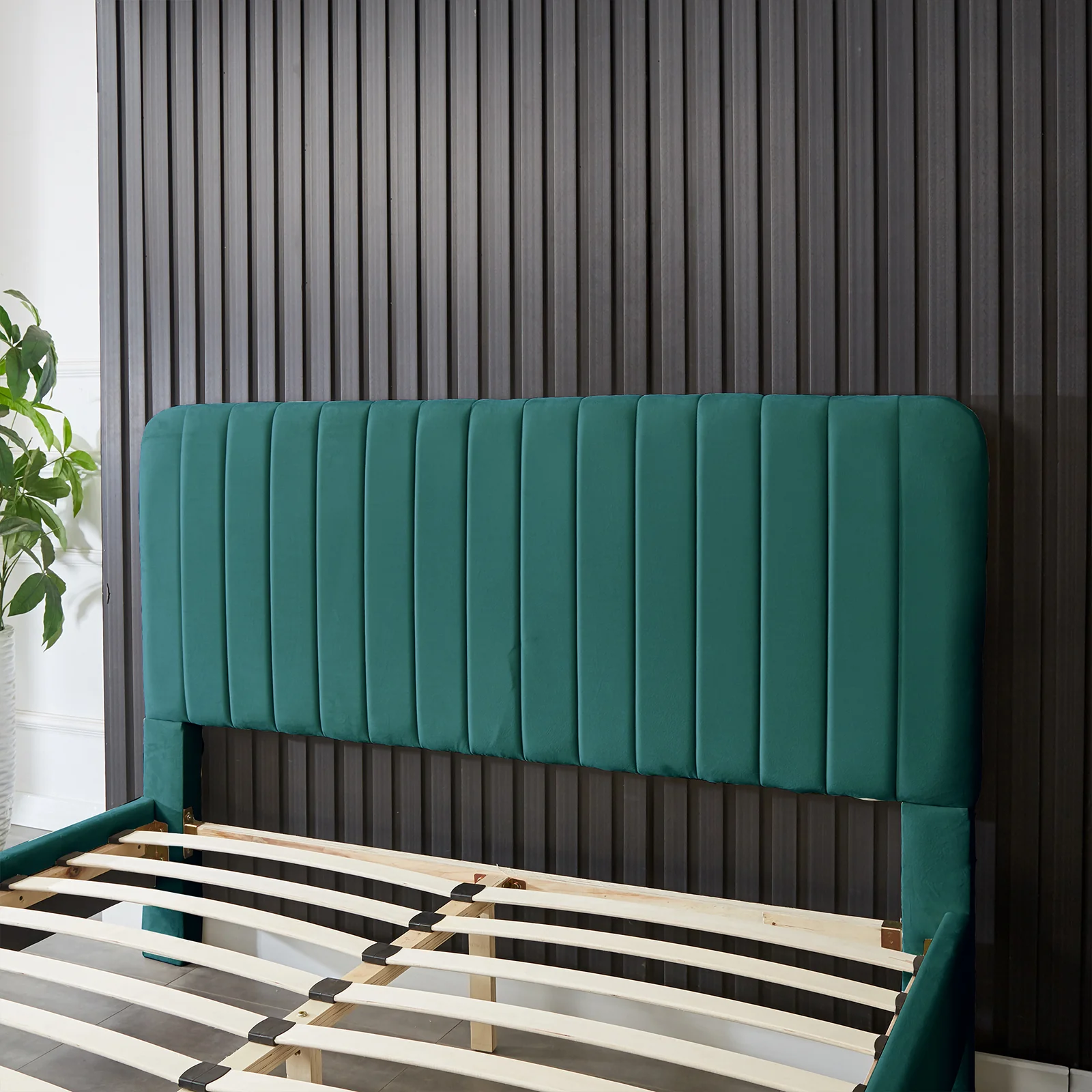 Seneca Queen Channel Tufted Velvet Fabric Bed Frame in Green - Image 6