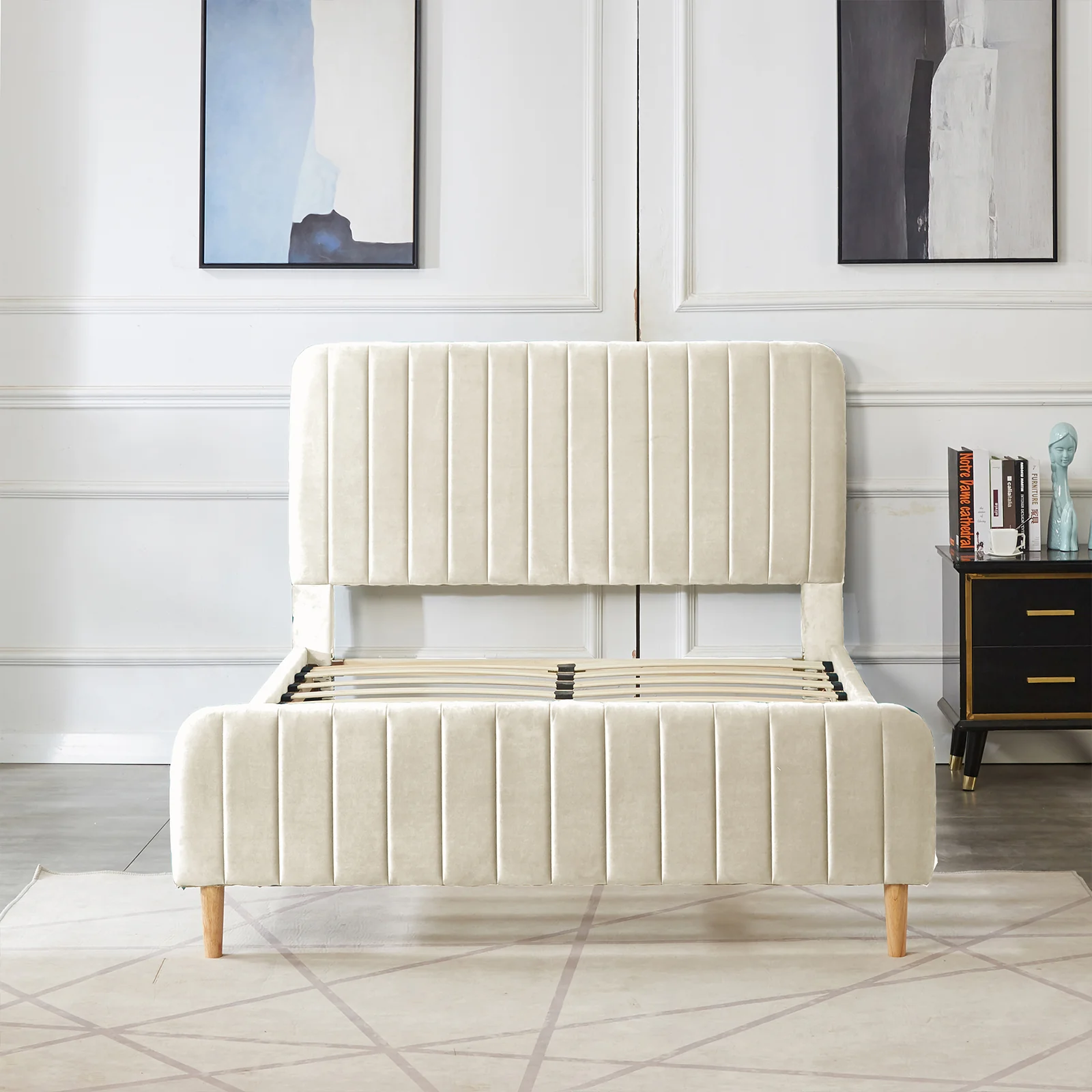 Seneca Double Channel Tufted Velvet Fabric Bed Frame in Sandy White - Image 6