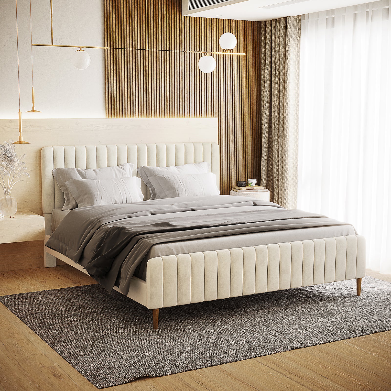 Seneca King Velvet Fabric Tufted Bed Frame in Sandy White - Image 2