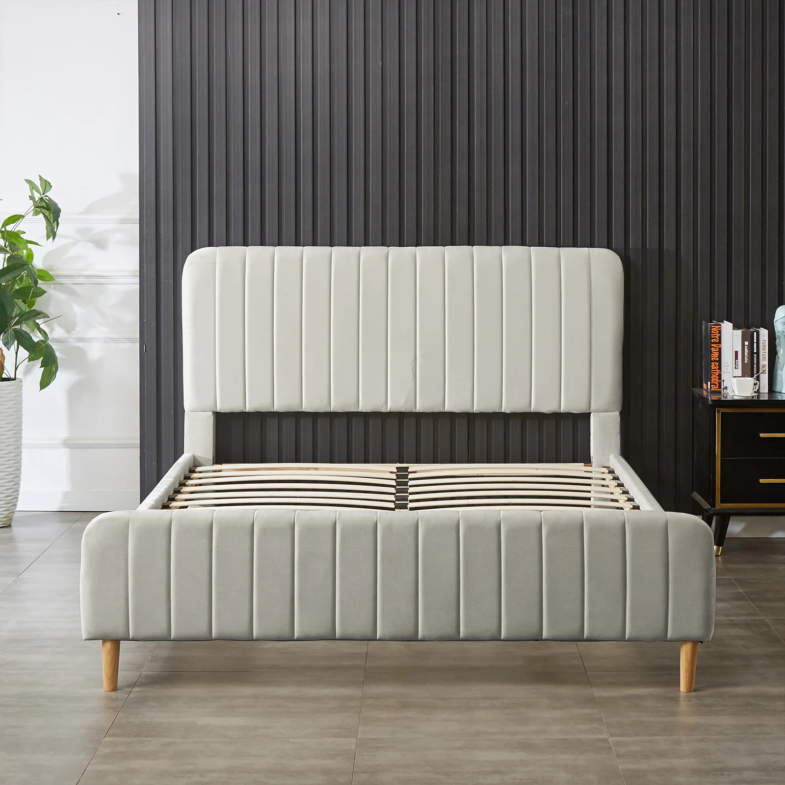 Seneca Queen Velvet Channel Tufted Bed Frame in Slate - Image 4