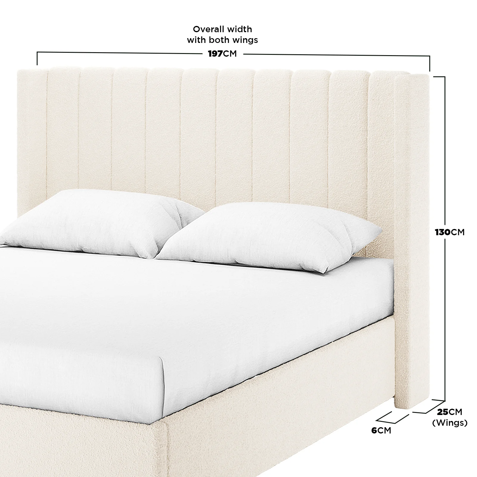 Septima & Fulvia Boucle King Bed Base & Winged Headboard in Cream White - Image 4