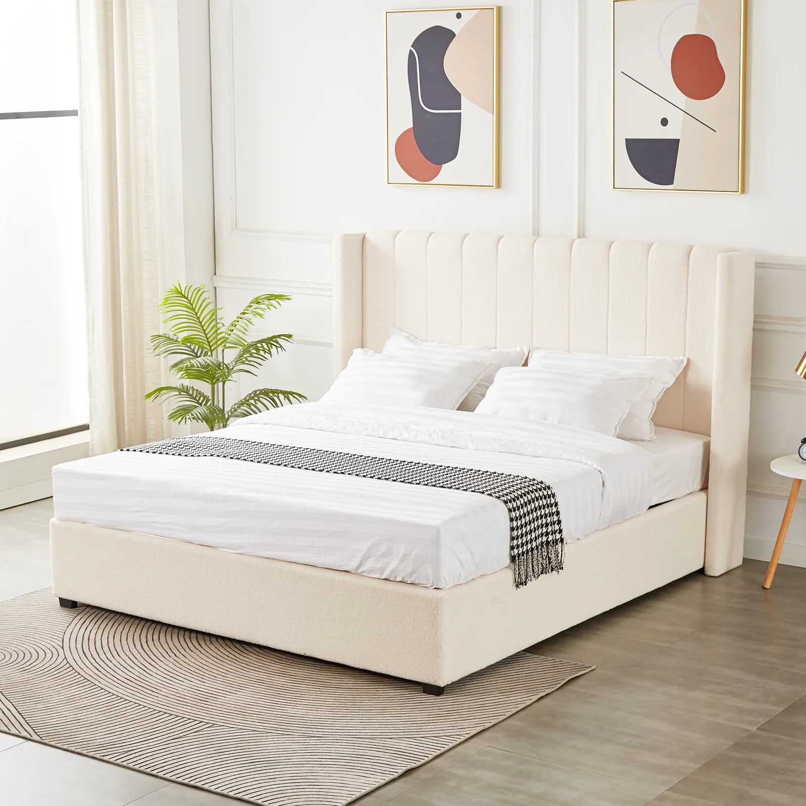 Septima & Fulvia Boucle King Bed Base & Winged Headboard in Cream White - Image 5