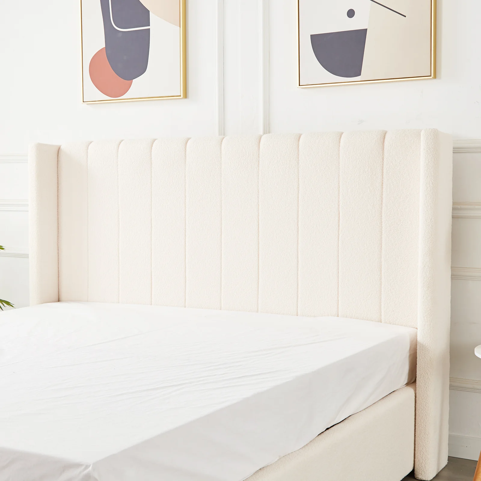Septima & Fulvia Boucle King Bed Base & Winged Headboard in Cream White - Image 7