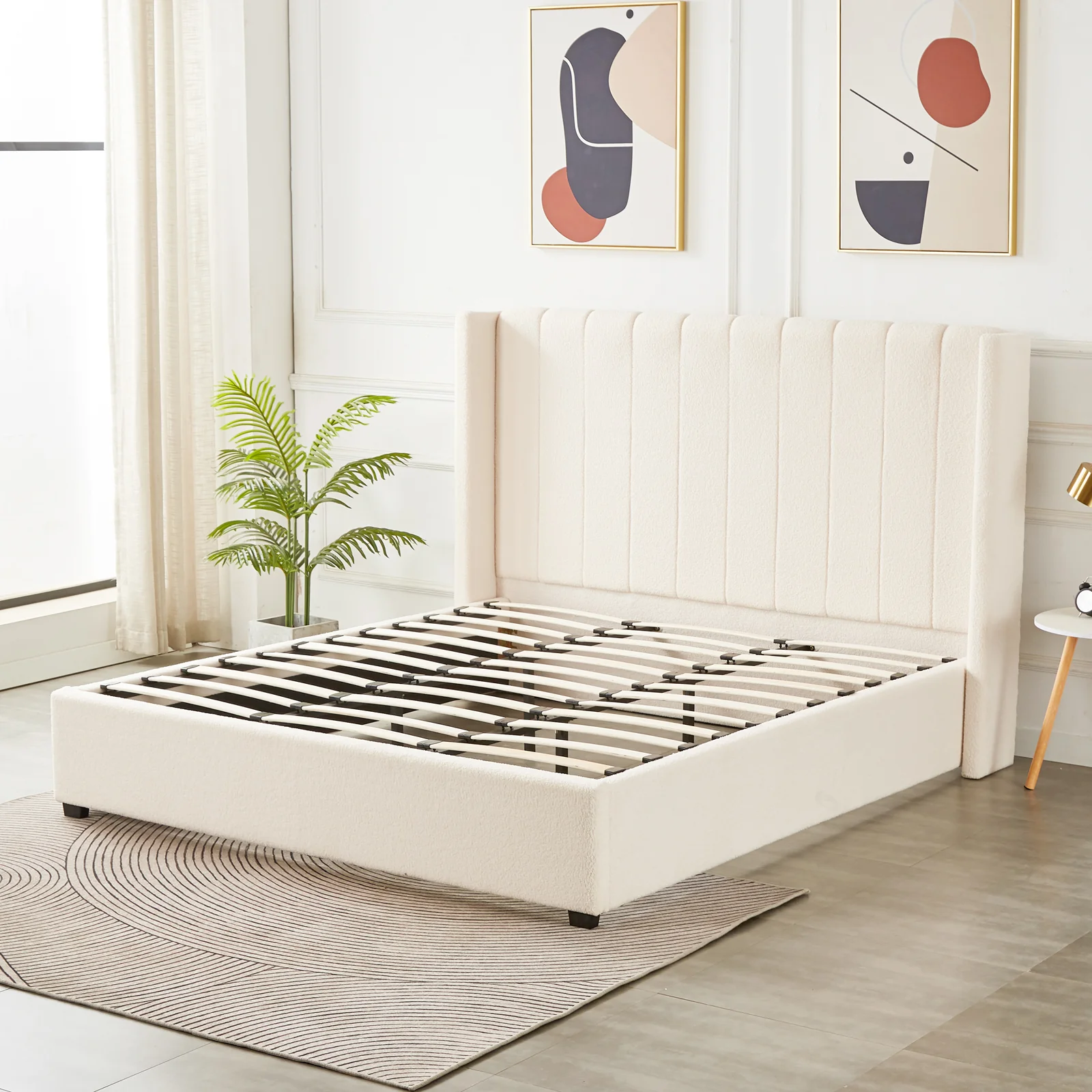Septima & Fulvia Boucle King Bed Base & Winged Headboard in Cream White - Image 8
