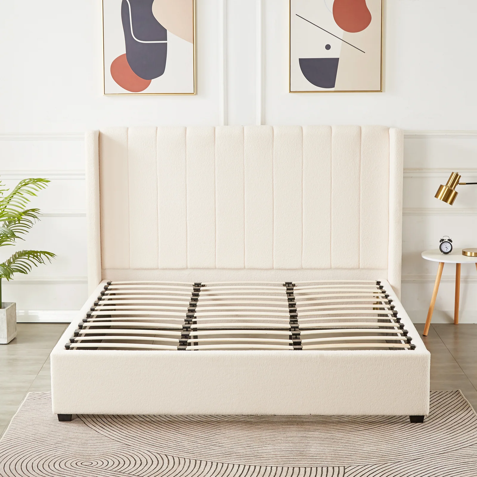 Septima & Fulvia Boucle King Bed Base & Winged Headboard in Cream White - Image 9