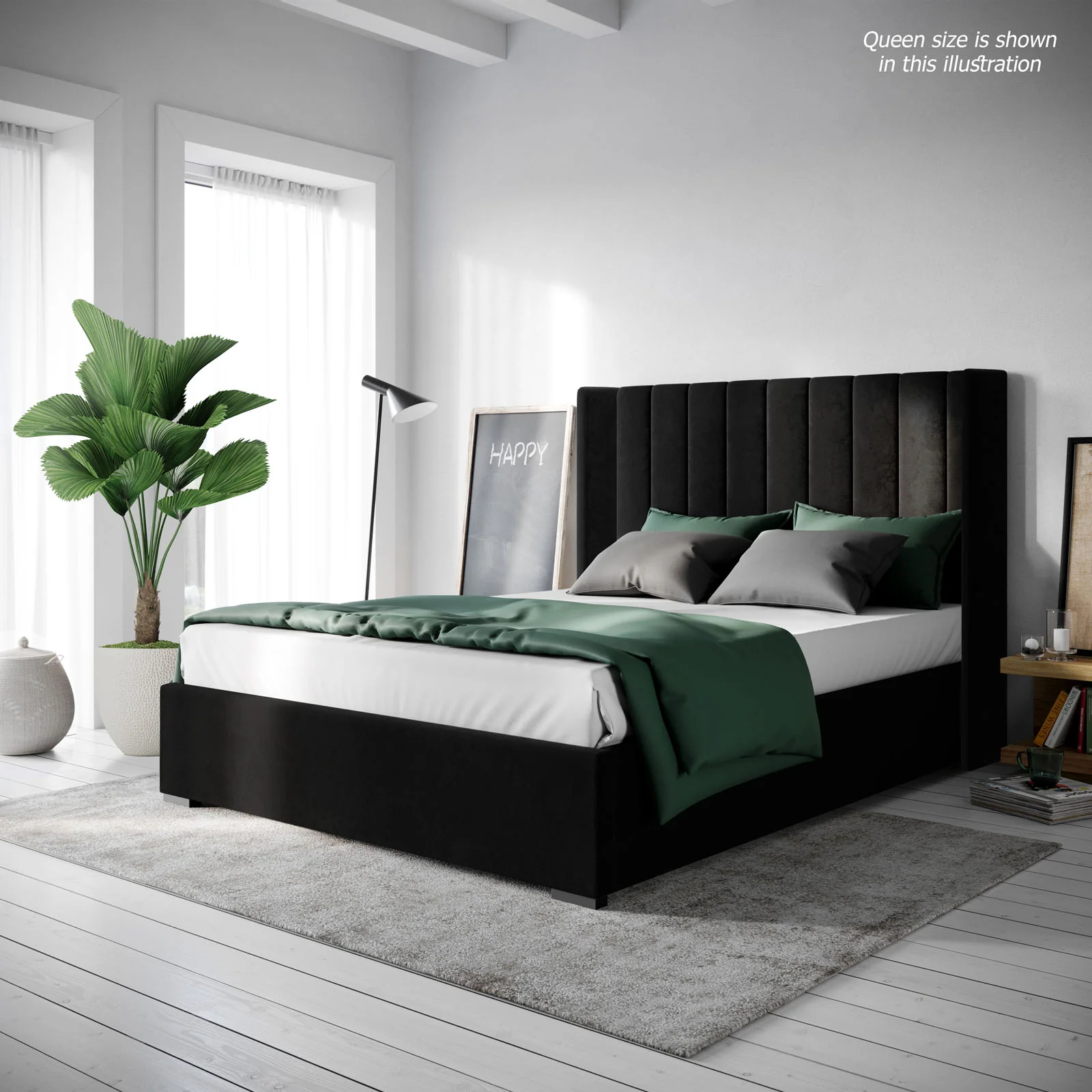 Septima & Fulvia Velvet King Bed Base & Winged Headboard Set in Ink - Image 2