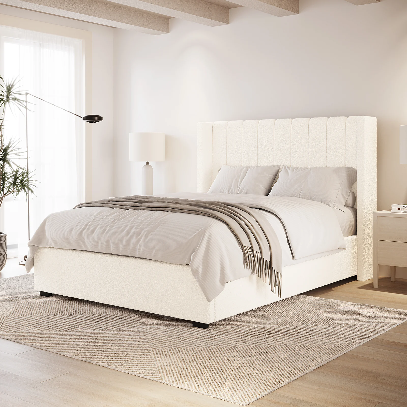 Septima & Fulvia Boucle Queen Bed Base & Headboard in Cream White - Image 2