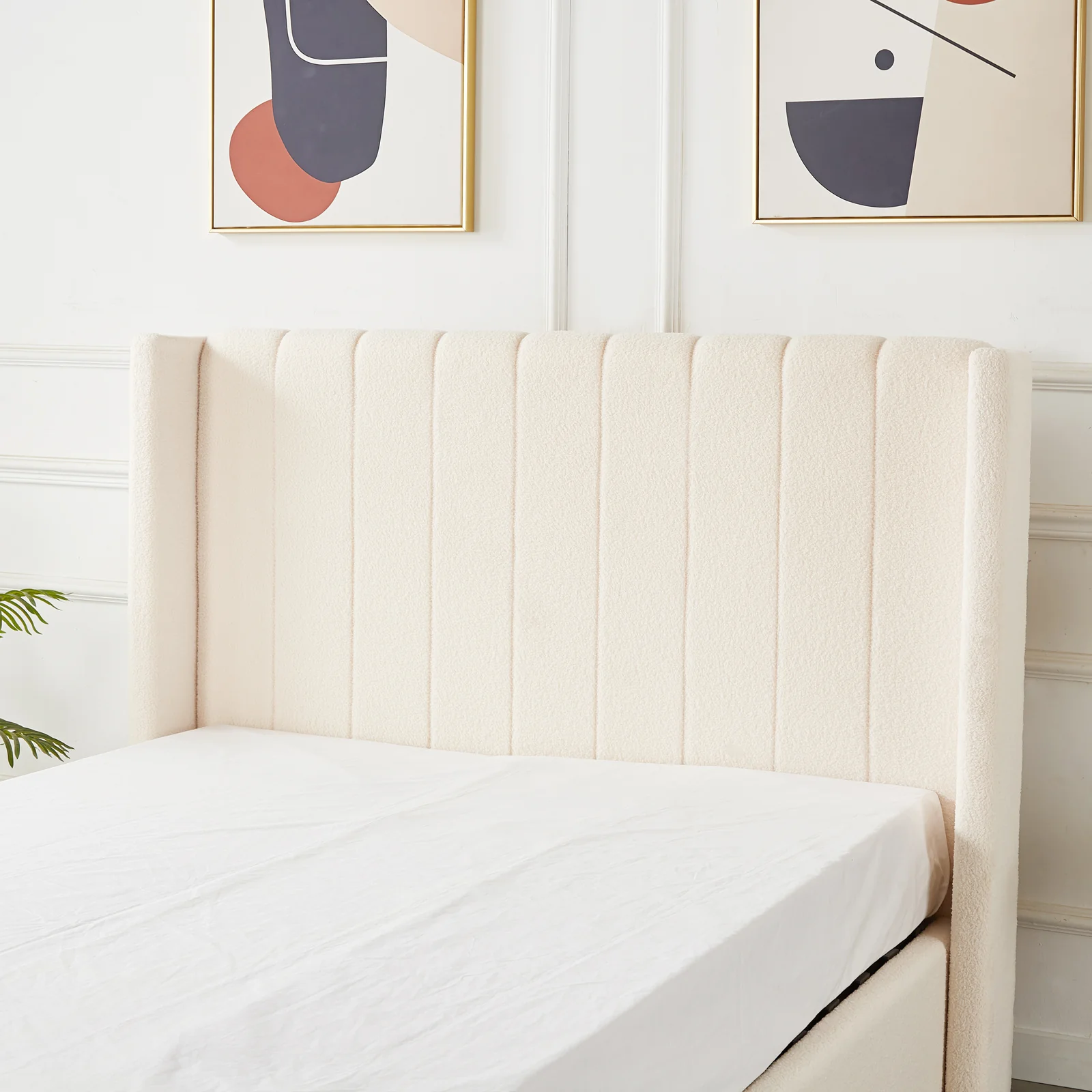 Septima & Fulvia Boucle Queen Bed Base & Headboard in Cream White - Image 7
