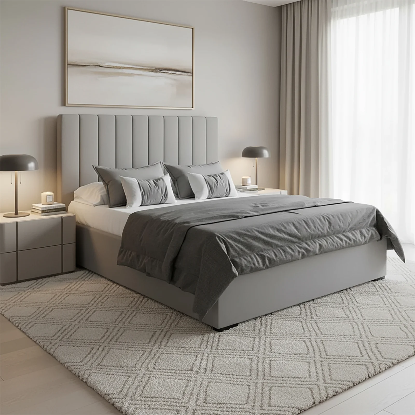 Septima & Gratiana Velvet Double Bed Base & Headboard Set in Slate - Image 2