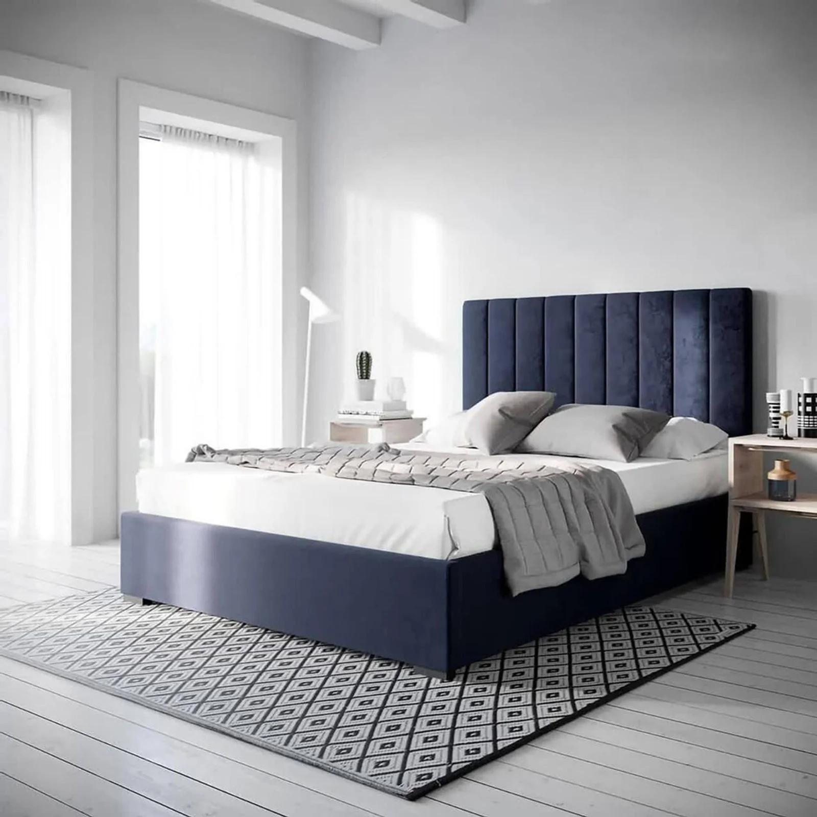 Septima Queen Velvet Fabric Bed Base in Navy - Image 2