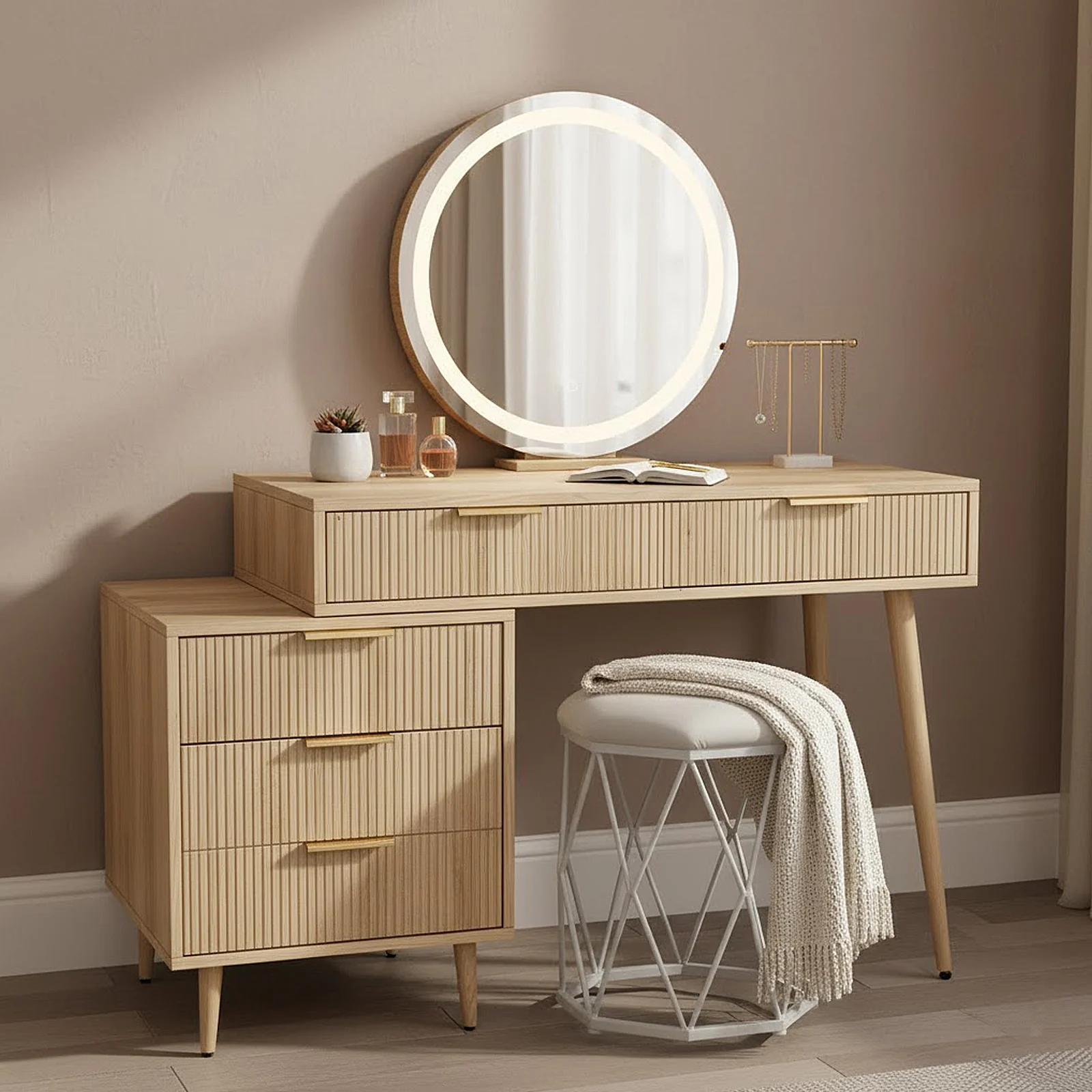 Serenity Extendable Vanity Table with LED Mirror in Natural - Image 6