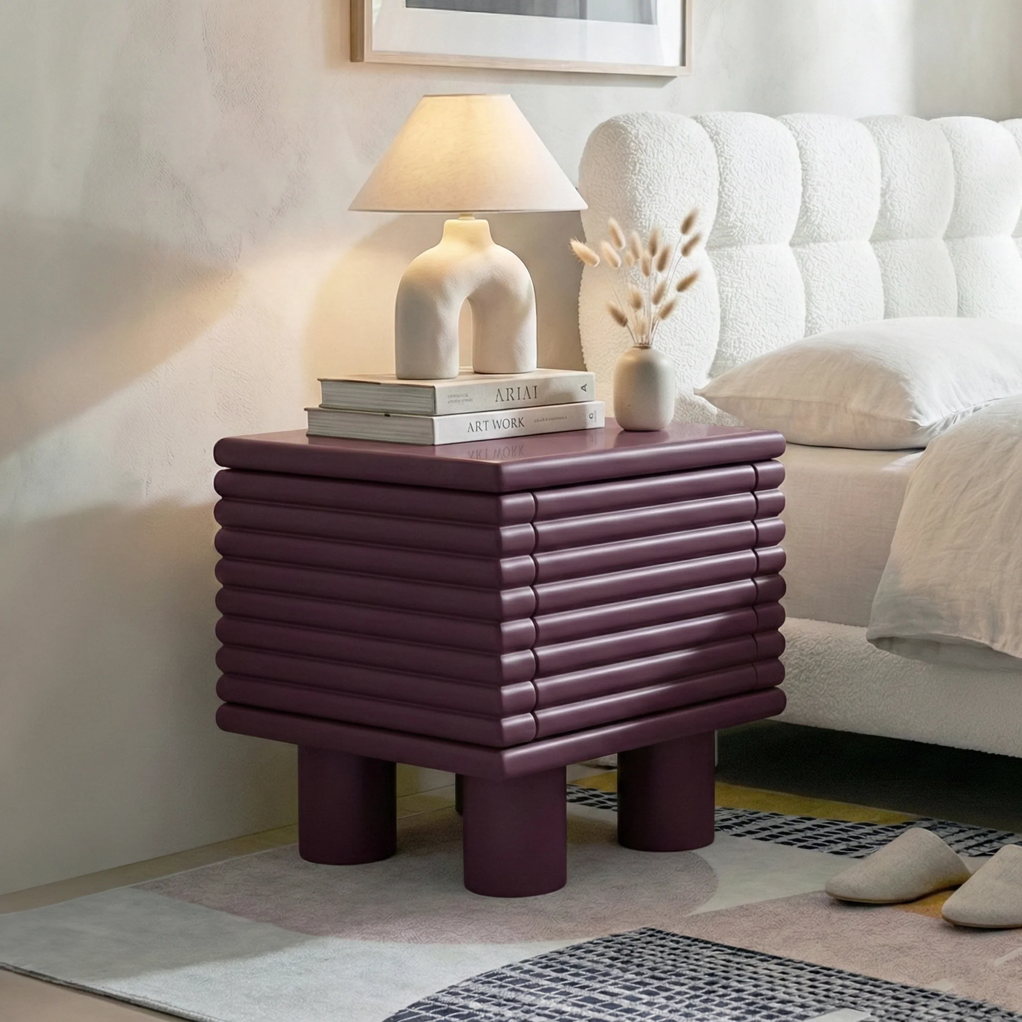 Serina Fluted Bedside Table in Dark Cherry Red - Image 2