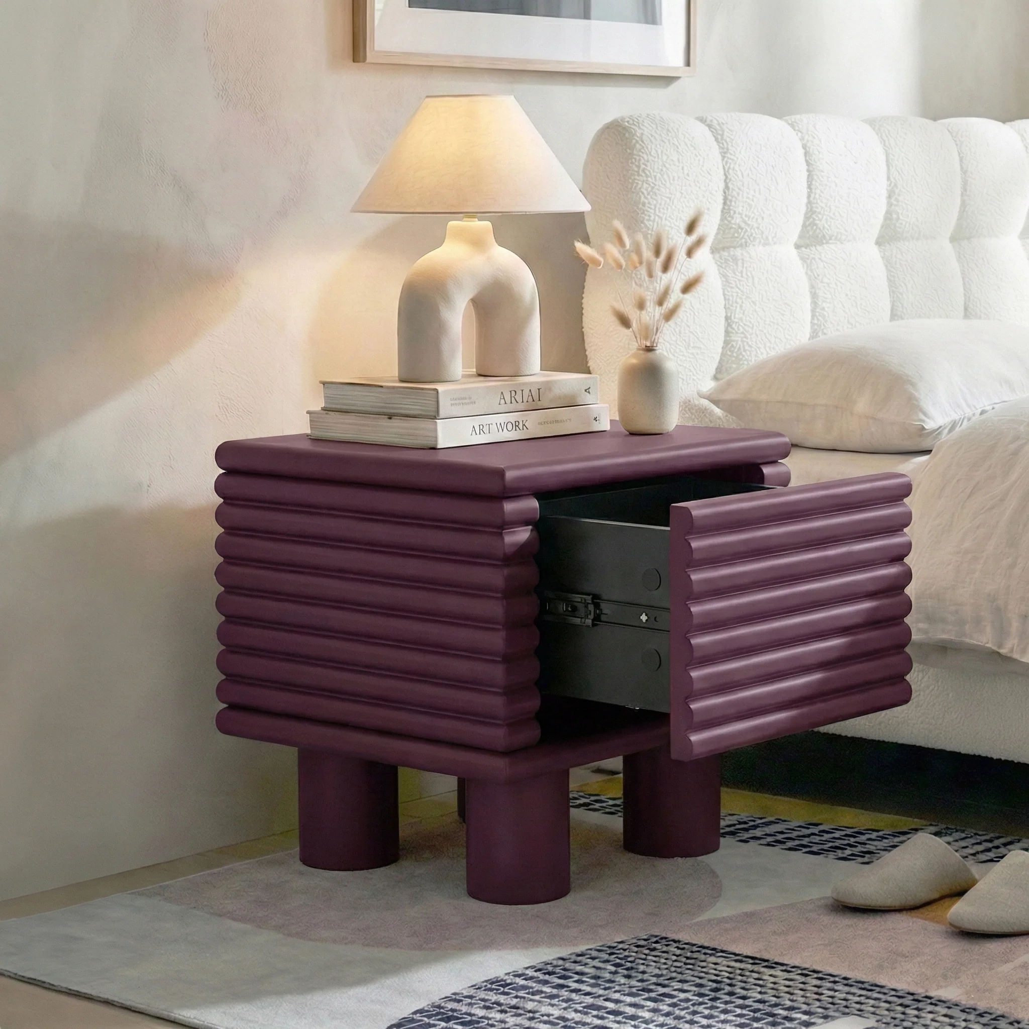 Serina Fluted Bedside Table in Dark Cherry Red - Image 8