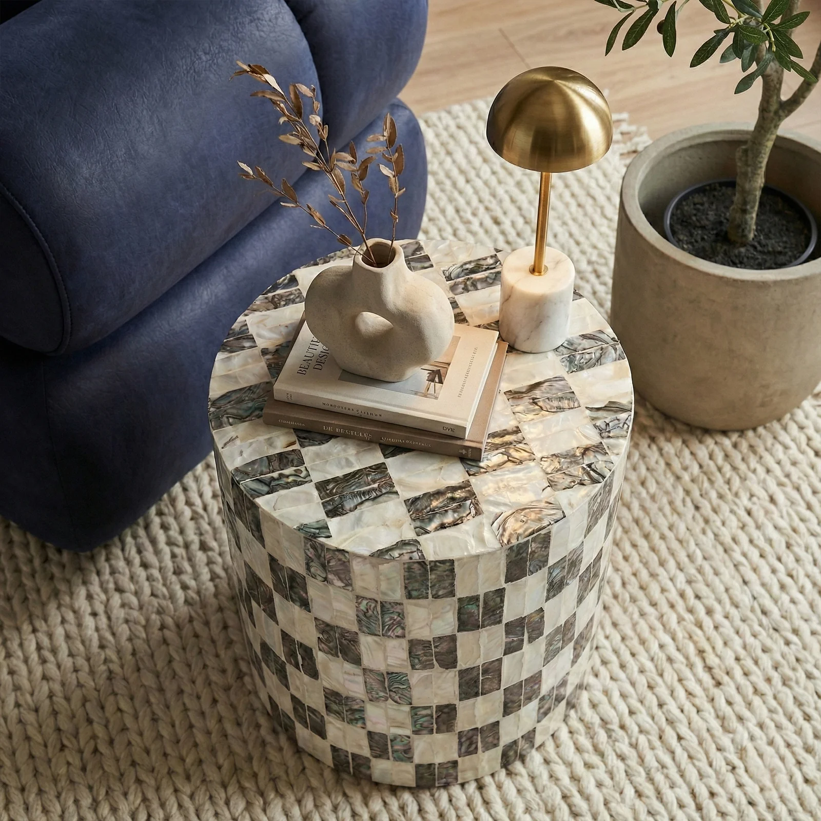 Solea Checked Mother of Pearl Cylinder Side Table in Mocha Cream - Image 4