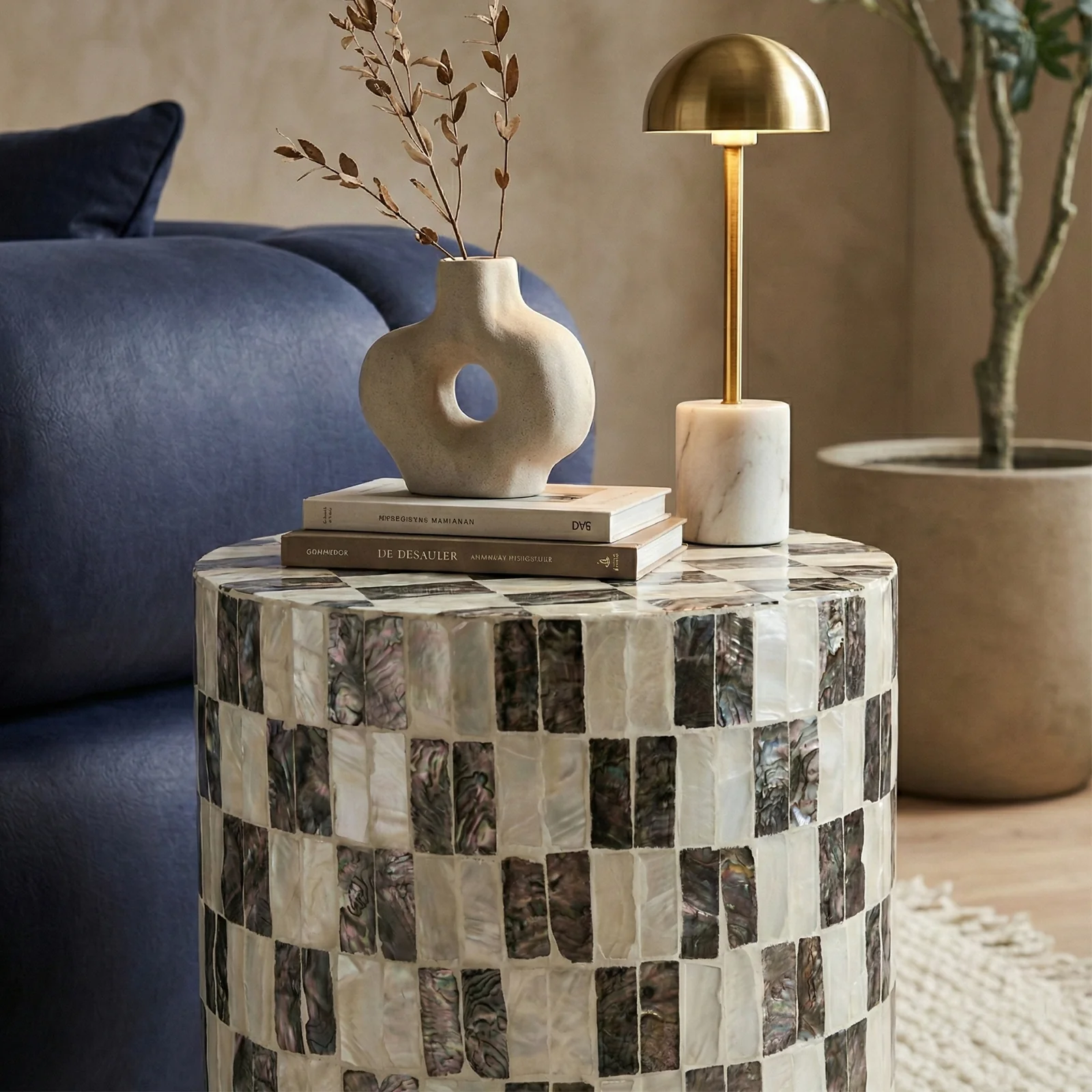 Solea Checked Mother of Pearl Cylinder Side Table in Mocha Cream - Image 5