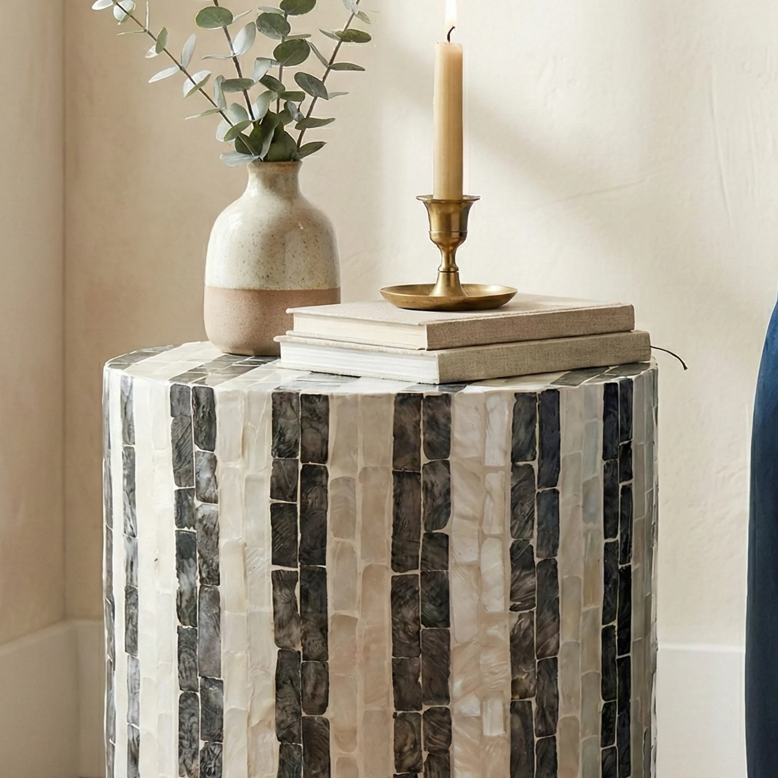 Solea Mother of Pearl Cylinder Side Table in Mocha Cream - Image 6