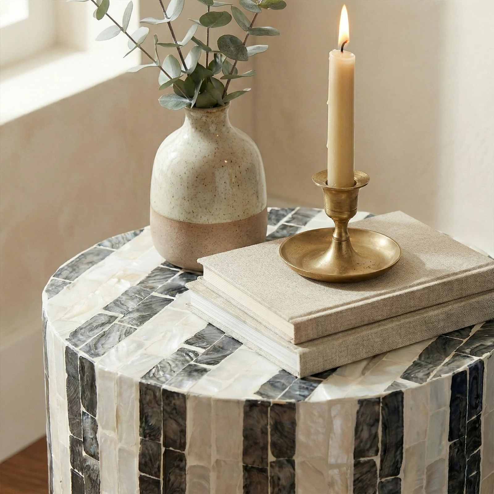 Solea Mother of Pearl Cylinder Side Table in Mocha Cream - Image 7