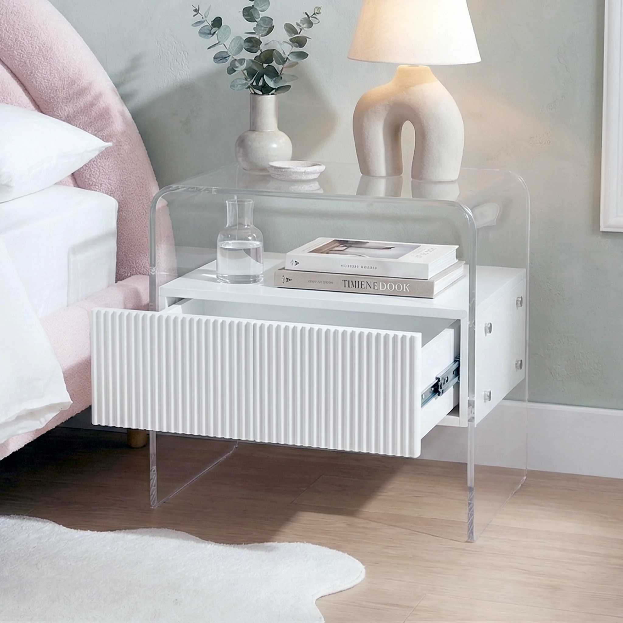 Solenne Fluted Acrylic Bedside Table in White - Image 4