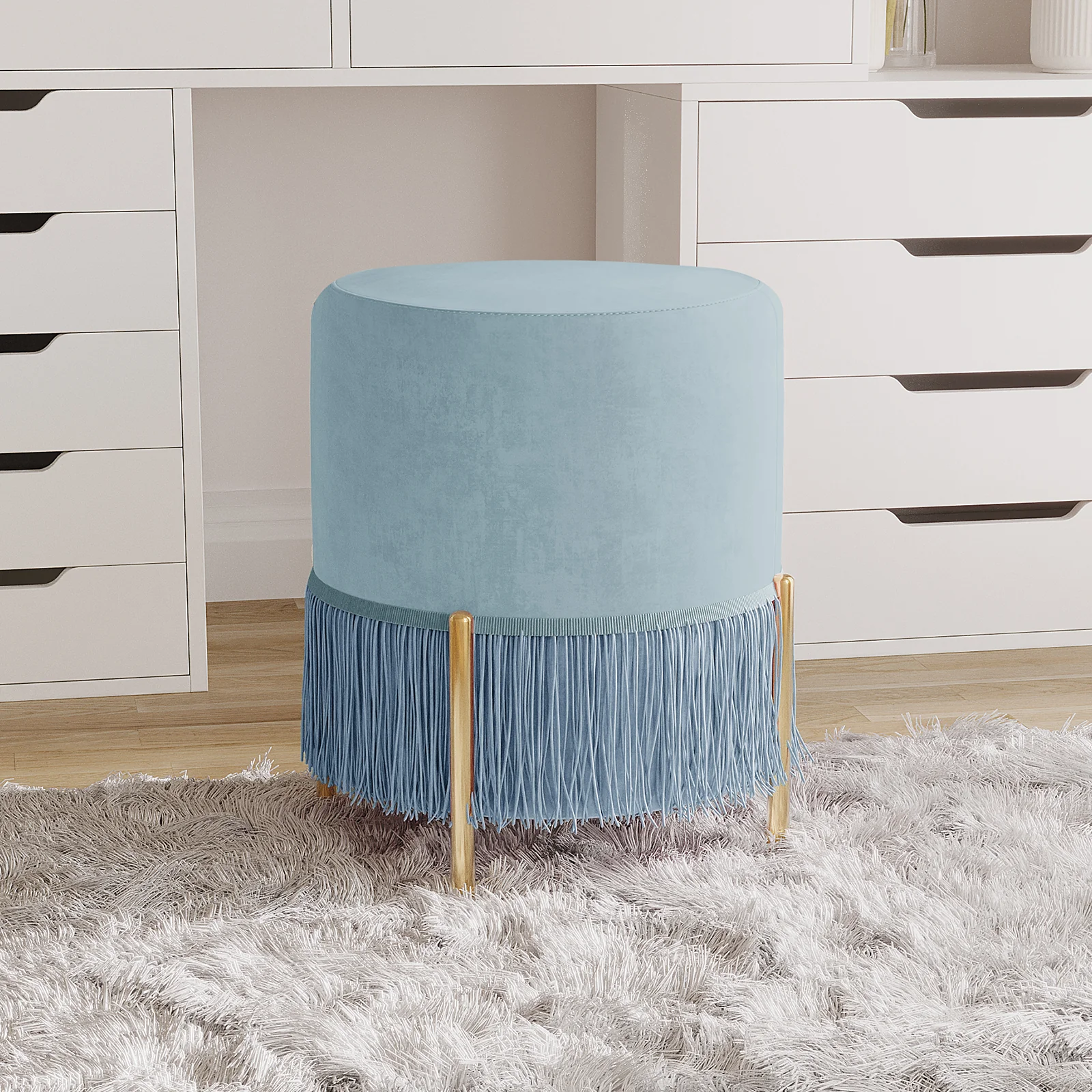 Stacey Velvet Stool with Tassels in Blue - Image 2