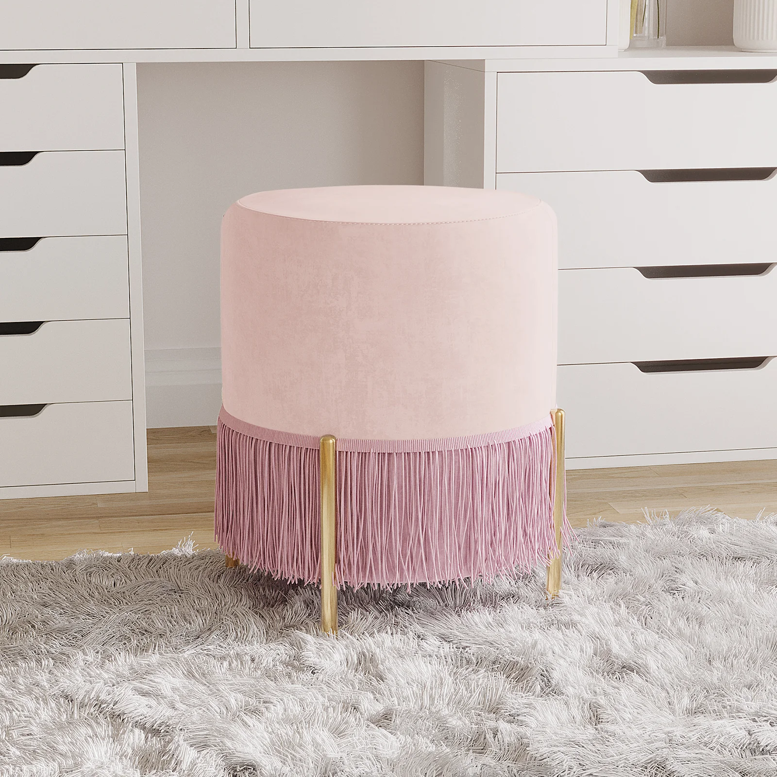Stacey Velvet Stool with Tassels in Light Pink - Image 2