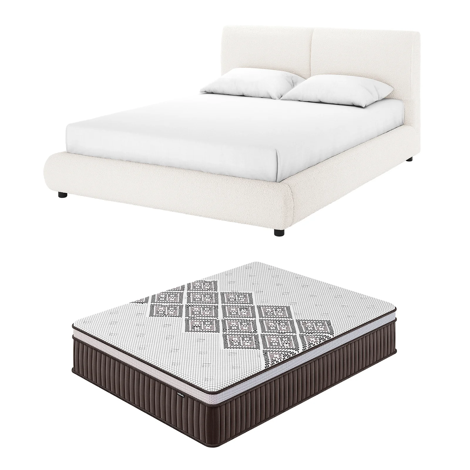 Stacy & Thalia Queen Boucle Bed & Mattress Set in White