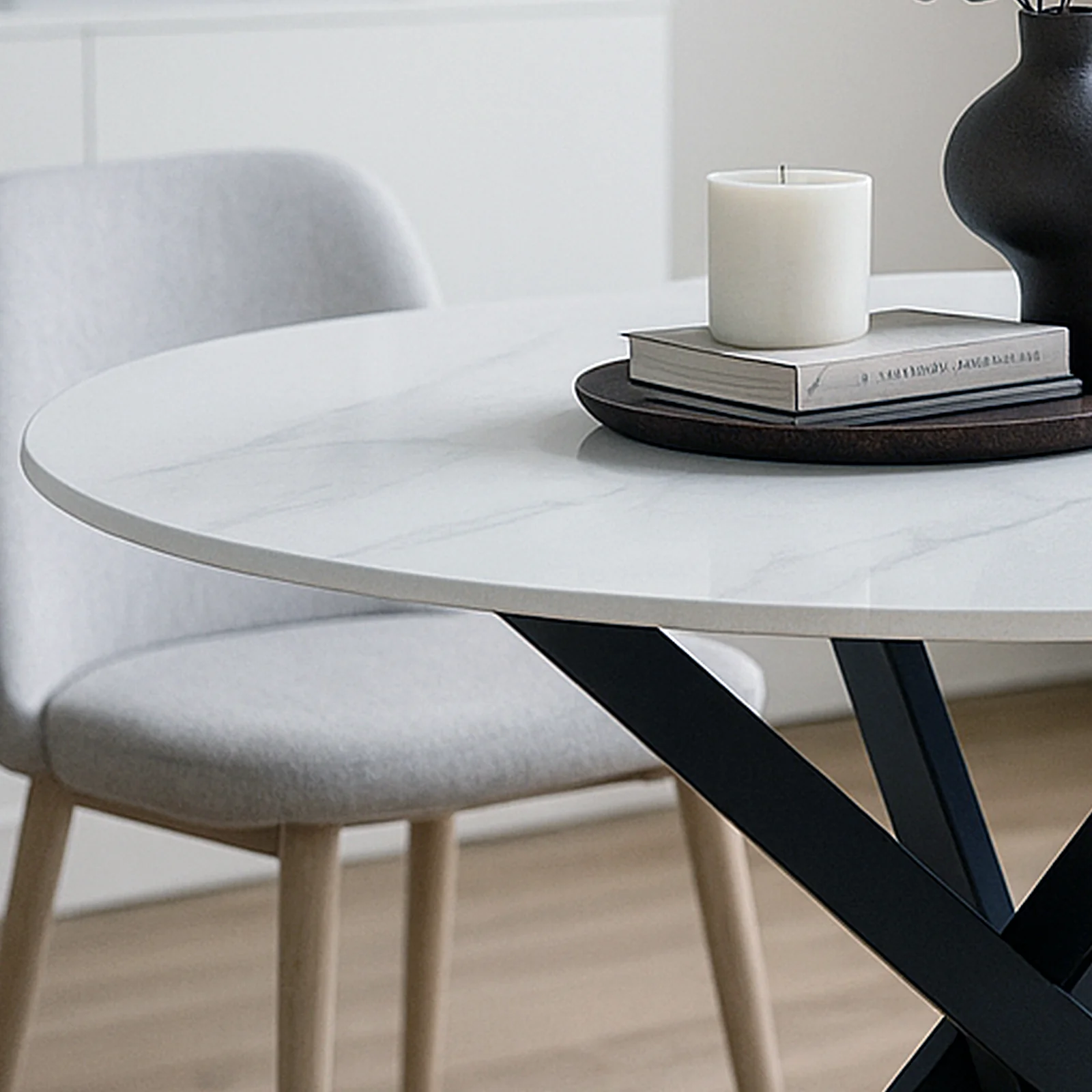 Stoten 4 Seater Round Dining Table in White Marble - Image 4