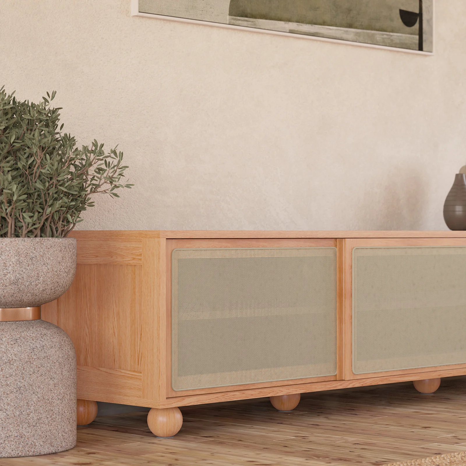 Thea 200cm Solid Oak Rattan TV Entertainment Unit in Natural - Image 5