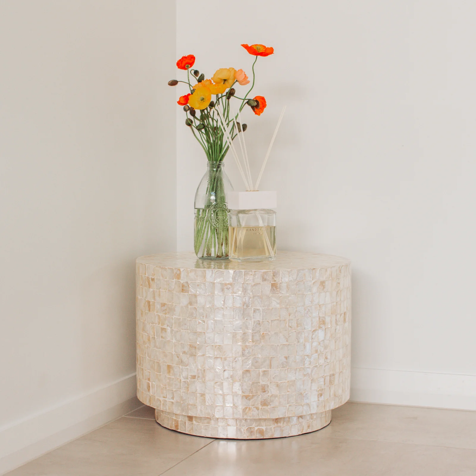 Tiffany 48cm Mother of Pearl Inlay Side Table in Cream - Image 2