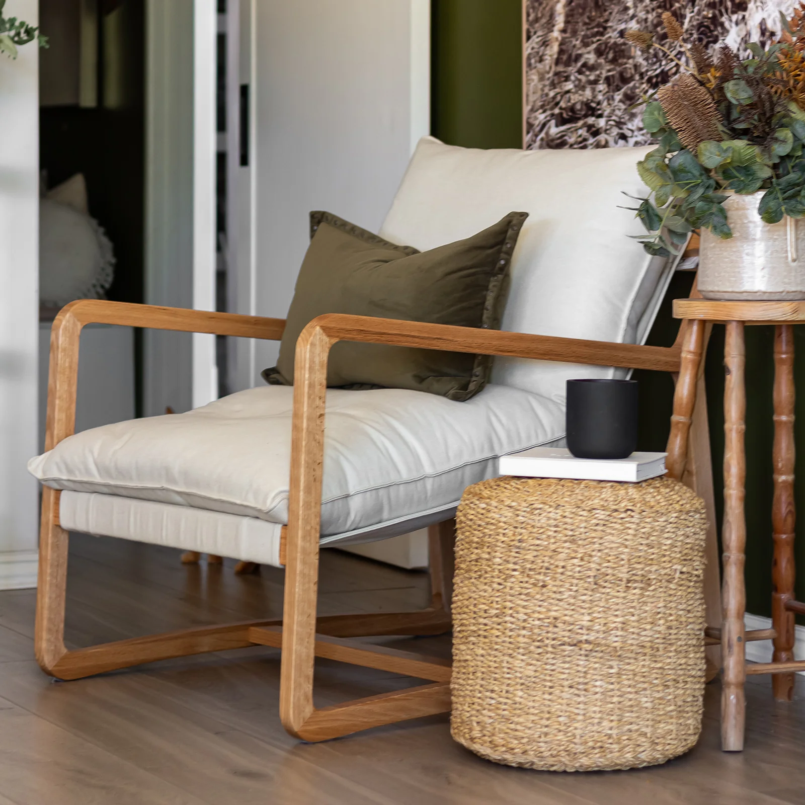 Tilly Linen Hardwood Sling Accent Chair in Natural - Image 3