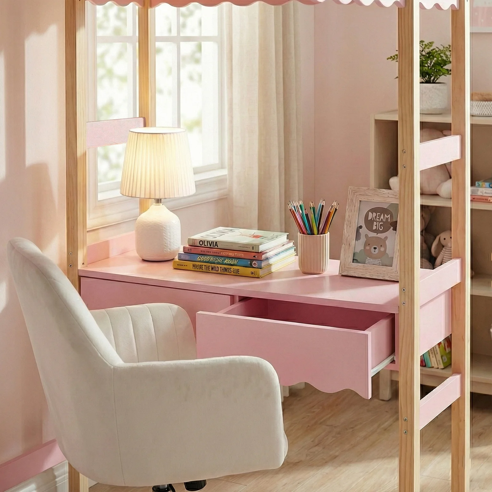 Tressa Solid Pine Loft Bed with Integrated Study Desk in Pink Natural - Image 4