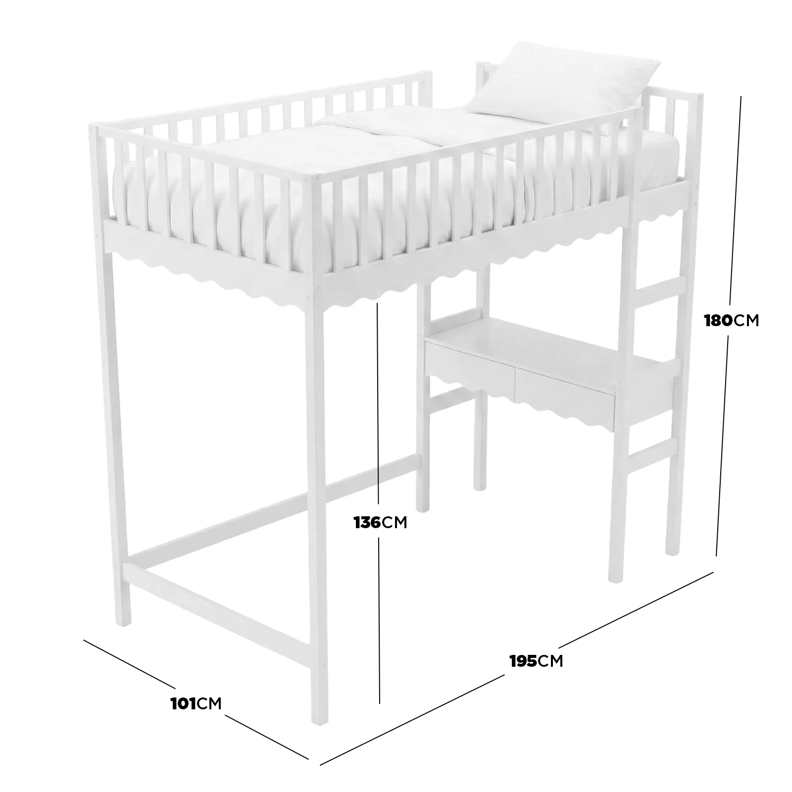 Tressa Solid Pine Loft Bed with Integrated Study Desk in White - Image 3
