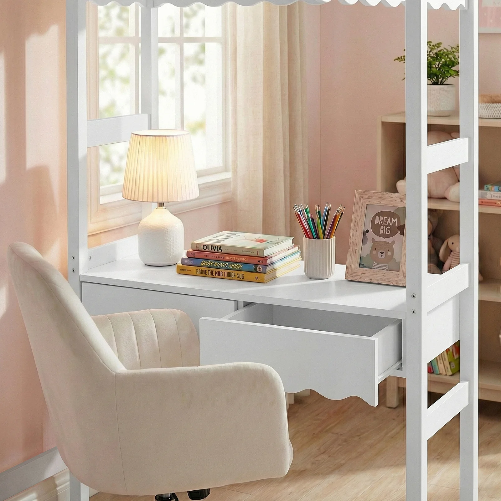 Tressa Solid Pine Loft Bed with Integrated Study Desk in White - Image 4