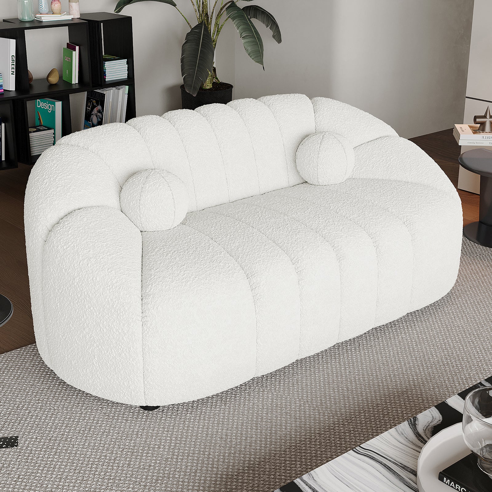Trina 2 Seater Boucle Sofa with Pillows in Cream White - Image 2