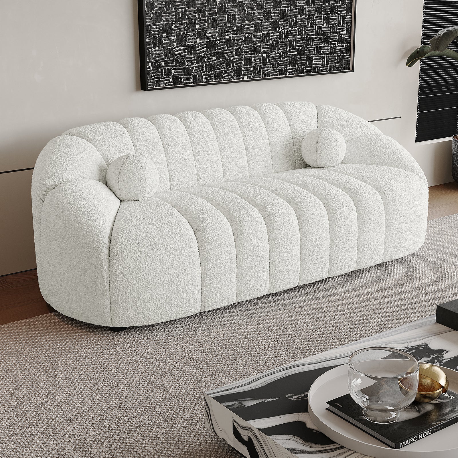 Trina 3 Seater Boucle Sofa with Pillows in Cream White - Image 2