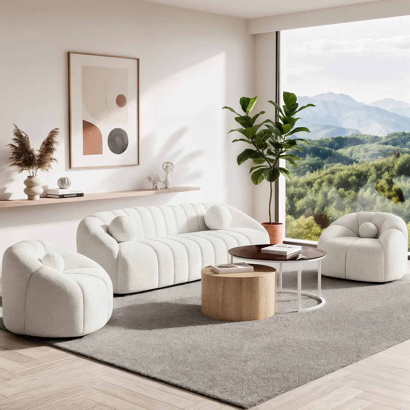 Trina 5 Seater Boucle Sofa Set with Pillows in Cream White - Image 2